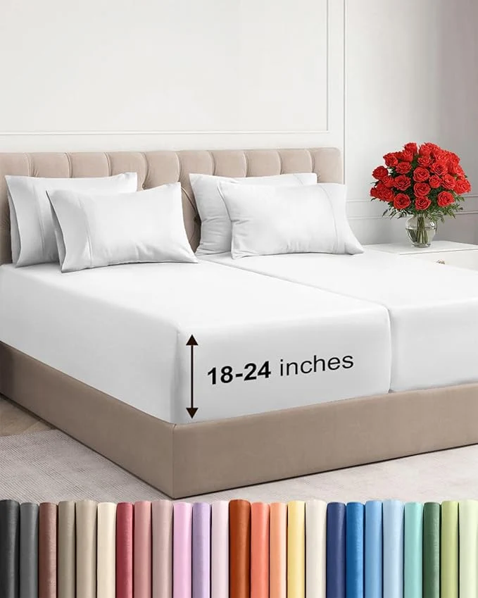 Sustainable Extra Deep Split King Sheet Set - 7 Piece Breathable and Cooling Sheets - Hotel Luxury Bedding for Women Men Kids amp Teens - Easy Secure Fit - Soft Wrinkle amp Comfy - Extra Deep Pockets - White First-Class