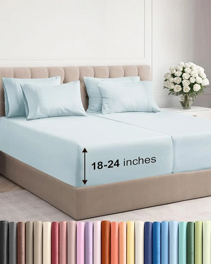 First-Class Extra Deep Split King Sheet Set - 7 Piece Breathable and Cooling Sheets - Hotel Luxury Bedding for Women Men Kids amp Teens - Easy amp Secure Fit - Soft and Wrinkle - Extra Deep Pockets - Ice Blue Trusted