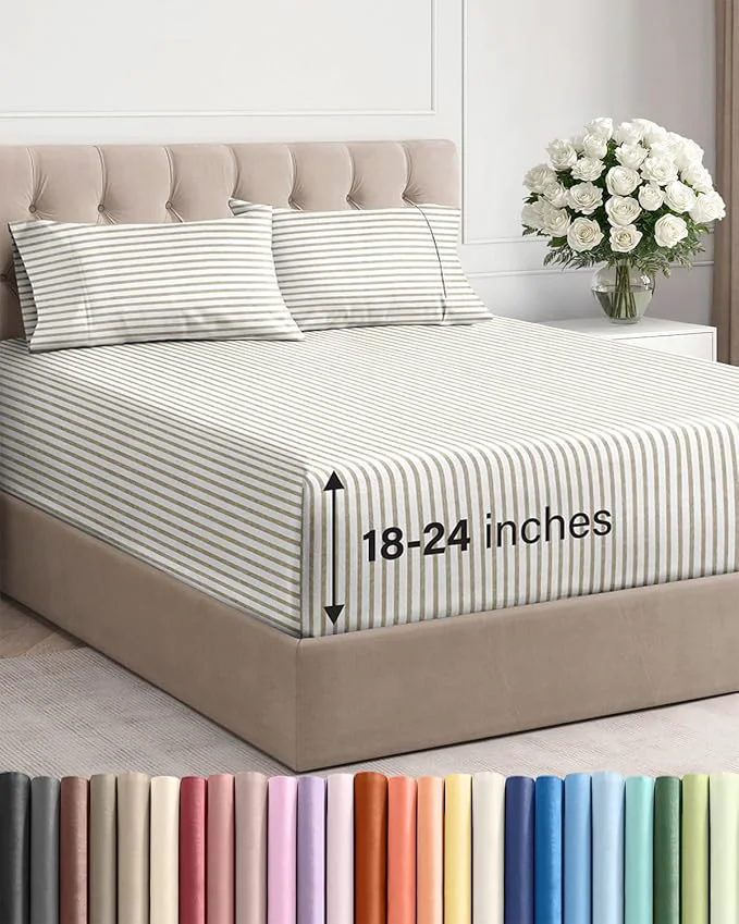 Extra Deep Twin Sheet Set - 4 Piece Breathable and Cooling Sheets - Hotel Luxury Bedding for Women Men Kids amp Teens - Easy Secure Fit - Soft and Wrinkle with Extra Deep Pockets - Beige Stripes