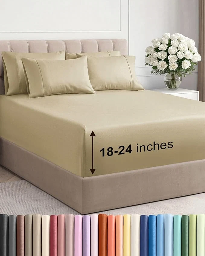 Carefully Designed Extra Deep Full Sheet Set - 6 Piece Breathable and Cooling Sheets - Hotel Luxury Bedding for Women Men Kids amp Teens - Easy amp Secure Fit - Soft Wrinkle and Comfy - Extra Deep Pockets - Beige Functional