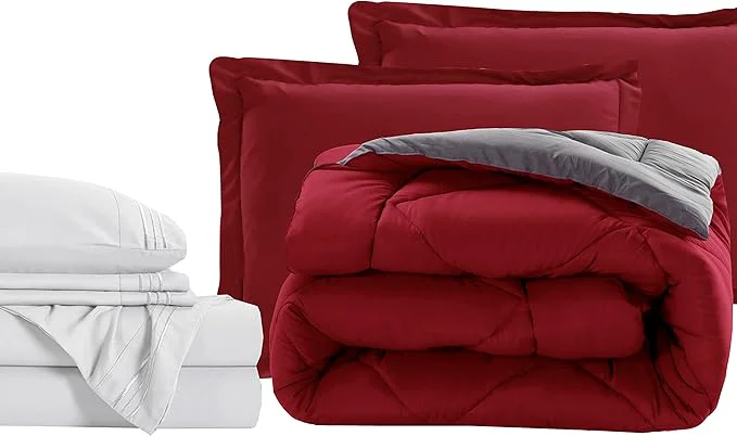 Pure Elegant Comfort 7-Piece Bed-in-a-Bag Comforter amp Sheet Set - Luxury 1500 Thread Count Split King Size Cozy Sheets and Comforter Wrinkle and Stain Resistant Red Gray Quality