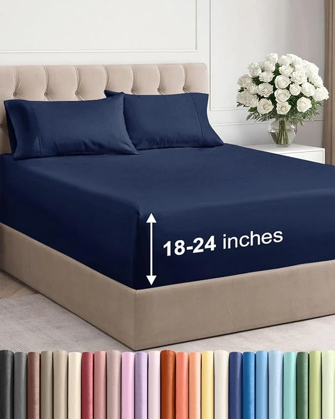First-Class Extra Deep Twin XL Sheet Set - 4 Piece Breathable and Cooling Sheets - Hotel Luxury Bedding for Women Men Kids amp Teens - Easy amp Secure Fit - Soft and Wrinkle - Extra Deep Pockets - Navy Blue Eco-Friendly