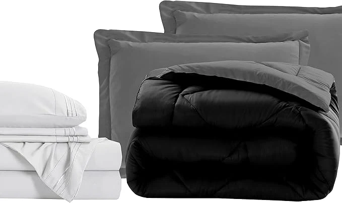 Proven Elegant Comfort 7-Piece Bed-in-a-Bag Comforter amp Sheet Set- Luxury 1500 Thread Count 7-Piece RV SHORT Size Bed-in-a-Bag Cozy Bed Sheets and Comforter Set Wrinkle and Stain Resistant Black Gray Fashionable