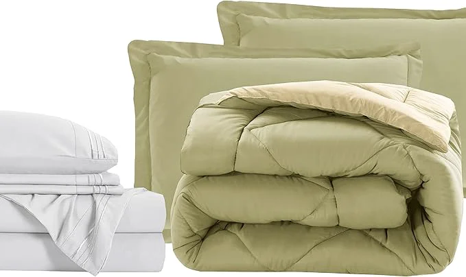 Quality Elegant Comfort 7-Piece Bed-in-a-Bag - Luxury 1500 Thread Count Queen Size Super Cozy Sheets amp Comforter Set Wrinkle amp Stain Resistant Sage Cream Solid