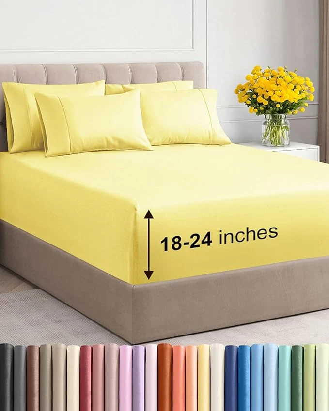 Consistent Extra Deep King Sheet Set - 6 Piece Breathable and Cooling Sheets - Hotel Luxury Bedding for Women Men Kids amp Teens - Easy amp Secure Fit - Soft Wrinkle and Comfy - Extra Deep Pockets - Yellow Recyclable