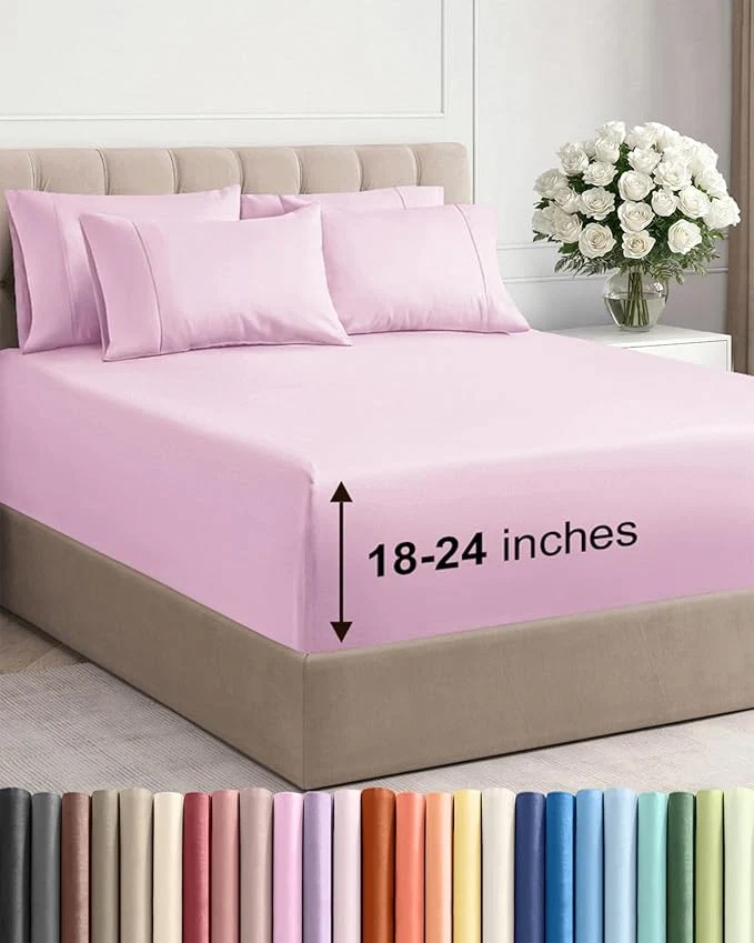 Prestigious Extra Deep Cal King Sheet Set - 6 Piece Breathable and Cooling Sheets - Hotel Luxury Bedding for Women Men Kids amp Teens - Easy amp Secure Fit - Soft and Wrinkle - Extra Deep Pockets - Light Pink Sophisticated