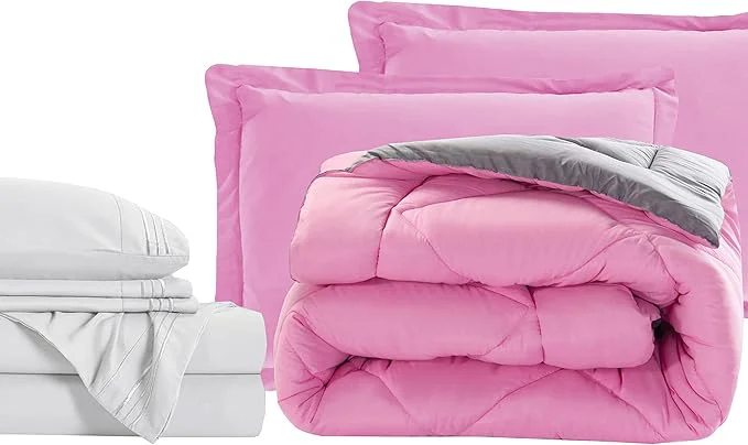 Relaxed Elegant Comfort 7-Piece Bed-in-a-Bag Comforter amp Sheet Set- Luxury 1500 Thread Count 7-Piece Full Size Bed-in-a-Bag Super Cozy Bed Sheets and Comforter Set Wrinkle and Stain Resistant Pink Gray Flexible