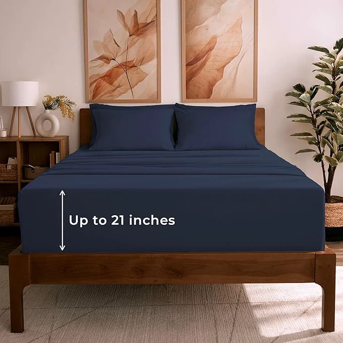 Official Mellanni California King Sheet Set - 6-Piece Iconic Collection Bedding Including 4 Pillowcases 21-Inch Extra Deep Pocket Easy Care Ultra Soft Cooling Sheets Brushed Microfiber - Navy Blue Dependable