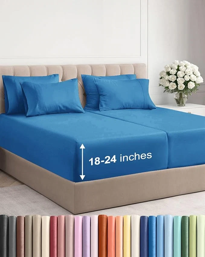 User-Friendly Extra Deep Split King Sheet Set - 7 Piece Breathable and Cooling Sheets - Hotel Luxury Bedding for Women Men Kids amp Teens - Easy Secure Fit - Soft amp Wrinkle - Extra Deep Pockets - Denim Blue Powerful