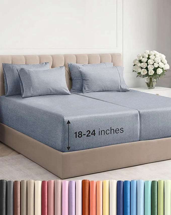 Flexible Extra Deep Split King Sheet Set - 7 Piece Breathable and Cooling Sheets - Hotel Luxury Bedding for Women Men Kids amp Teens - Secure Fit - Soft and Wrinkle - Extra Deep Pockets - Heathered Blue Verified