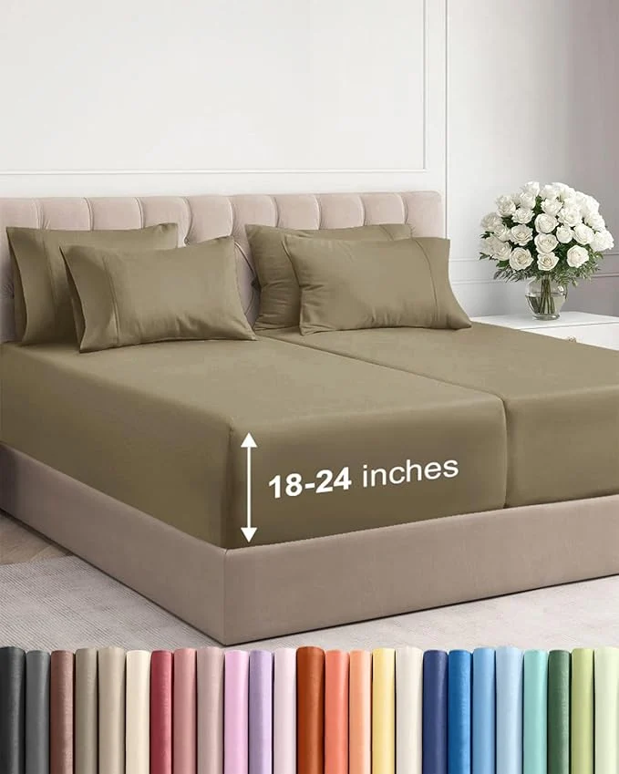 Lightweight Extra Deep Split King Sheet Set - 7 Piece Breathable and Cooling Sheets - Hotel Luxury Bedding for Women Men Kids amp Teens - Easy Secure Fit - Soft Wrinkle amp Comfy - Extra Deep Pockets - Khaki Efficient