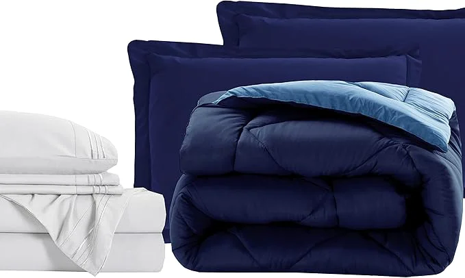 Trendy Elegant Comfort Luxury 1500 Thread Count 7-Piece RV Short Size Bed-in-a-Bag Super Cozy Bed Sheets and Comforter Set Wrinkle and Stain Resistant Navy Aqua Effective
