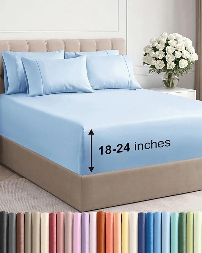 Sustainable Extra Deep King Sheet Set - 6 Piece Breathable and Cooling Sheets - Hotel Luxury Bedding for Women Men Kids amp Teens - Easy amp Secure Fit - Soft Wrinkle amp Comfy - Extra Deep Pockets - Light Blue