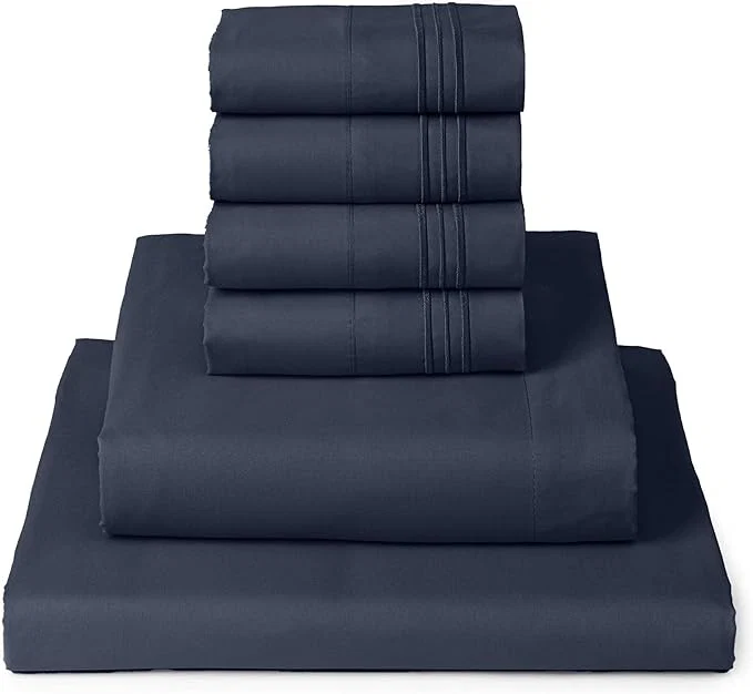 Enhanced Mellanni California King Sheet Set - 6-Piece Iconic Collection Bedding Including 4 Pillowcases 16-Inch Deep Pocket Easy Care Extra Soft Cooling Sheets Brushed Microfiber - Navy Blue Long-Lasting