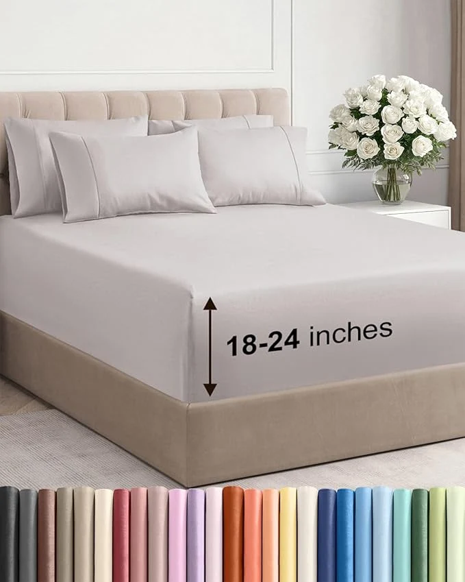 User-Friendly Extra Deep King Sheet Set - 6 Piece Breathable and Cooling Sheets - Hotel Luxury Bedding for Women Men Kids amp Teens - Easy amp Secure Fit - Soft Wrinkle amp Comfy - Extra Deep Pockets - Light Grey Smooth