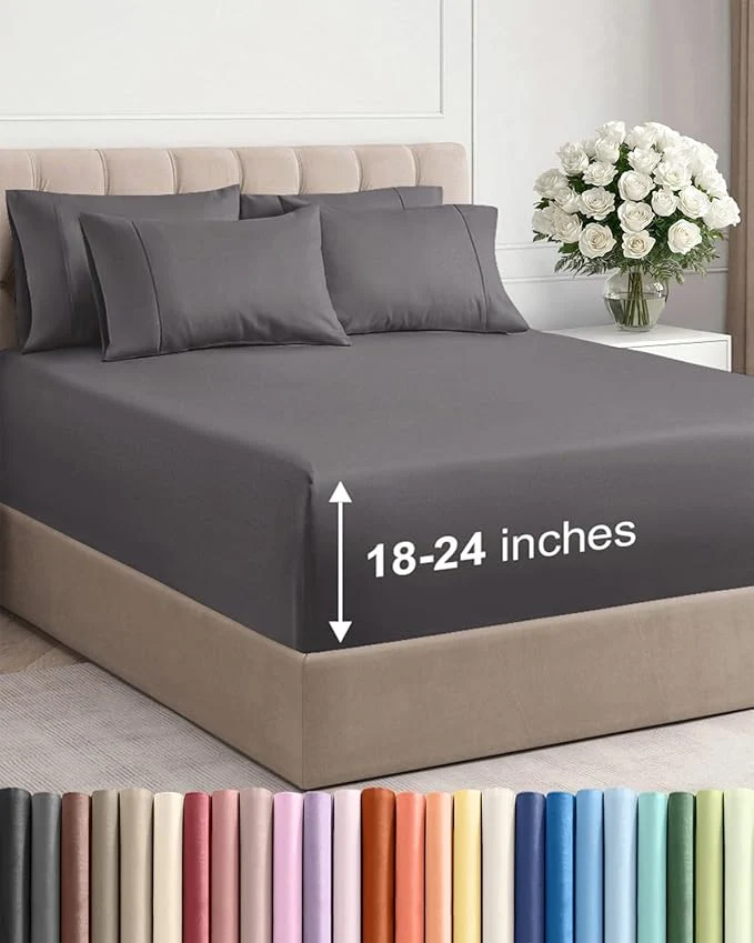 Eco-Friendly Extra Deep Full Sheet Set - 6 Piece Breathable and Cooling Sheets - Hotel Luxury Bedding for Women Men Kids amp Teens - Easy amp Secure Fit - Soft Wrinkle and Comfy w Extra Deep Pockets - Grey Safe