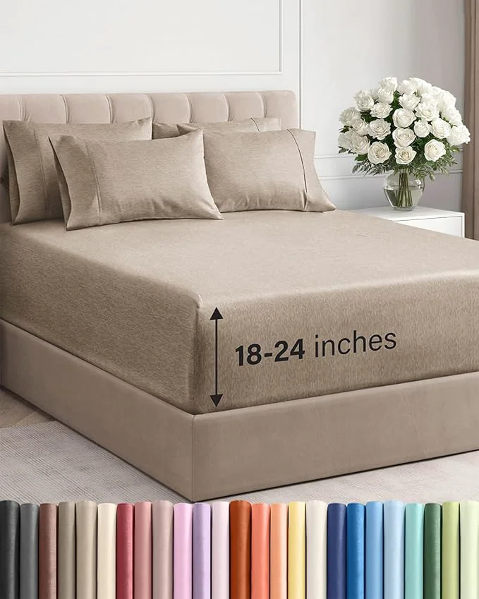 Original Design Extra Deep Full Sheet Set - 6 Piece Breathable and Cooling Sheets - Hotel Luxury Bedding for Women Men Kids amp Teens - Easy Secure Fit - Soft and Wrinkle - Extra Deep Pockets - Heathered Beige High-Grade