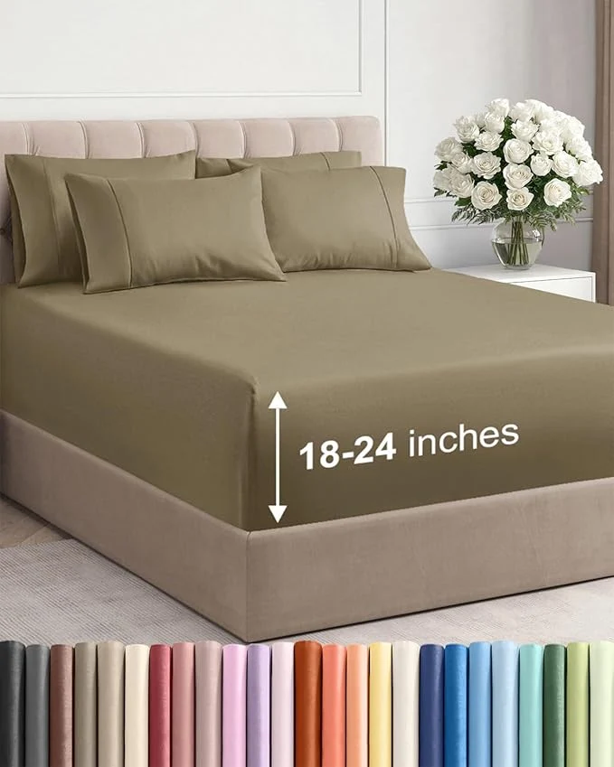 Dependable Extra Deep Queen Sheet Set - 6 Piece Breathable and Cooling Sheets - Hotel Luxury Bedding for Women Men Kids amp Teens - Easy amp Secure Fit - Soft Wrinkle and Comfy - Extra Deep Pockets - Khaki Casual