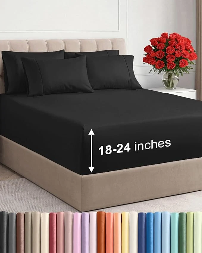 Functional Extra Deep King Sheet Set - 6 Piece Breathable and Cooling Sheets - Hotel Luxury Bedding for Women Men Kids amp Teens - Easy amp Secure Fit - Soft Wrinkle and Comfy - Extra Deep Pockets - Black Sophisticated