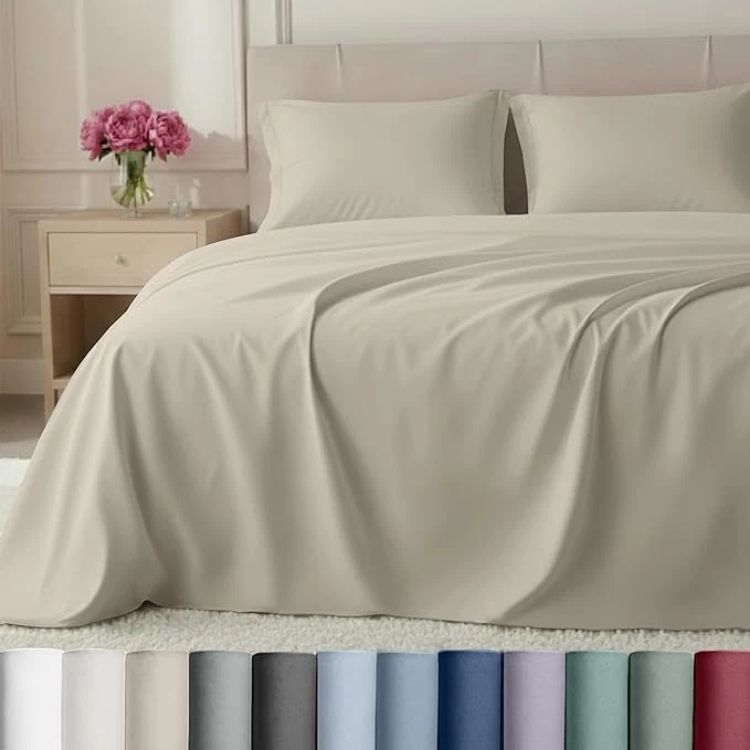 Excellent California Design Den Split King Sheet Set - Luxury 800 Thread Count Cotton Sateen Bedding Set with Deep Pockets Sheets - Beige Clean