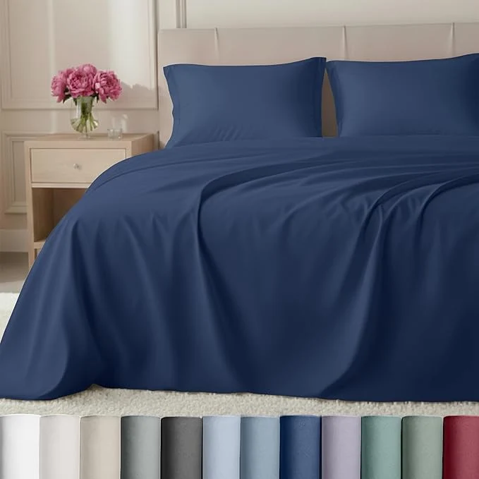 Fine Crafted California Design Den Natural Cotton Queen Sheet Set - Luxury Hotel 800 Thread Count Sateen Soft and Durable Deep Pocket Sheets Set - Navy Blue Classic