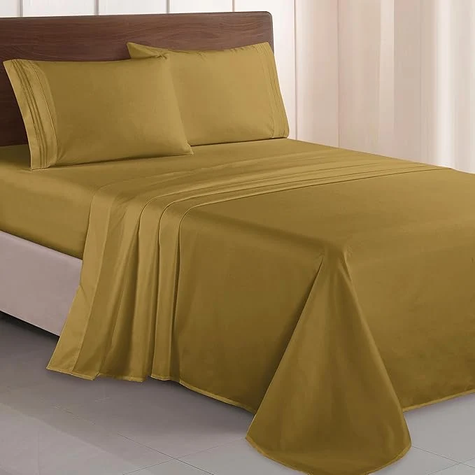 Fast Elegant Comfort Luxurious 1500 Premium Hotel Quality Microfiber Three Line Embroidered Softest 4-Piece Bed Sheet Set Wrinkle and Fade Resistant Queen Bronze Premium Material