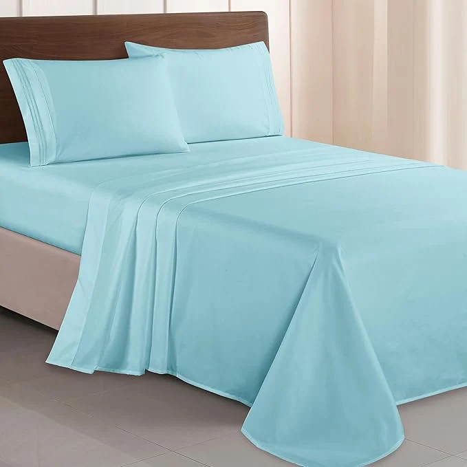 Carefully Designed Elegant Comfort Luxurious 1500 Premium Hotel Quality Microfiber Three Line Embroidered Softest 4-Piece Bed Sheet Set Wrinkle and Fade Resistant Twin Twin XL Aqua Blue Effective