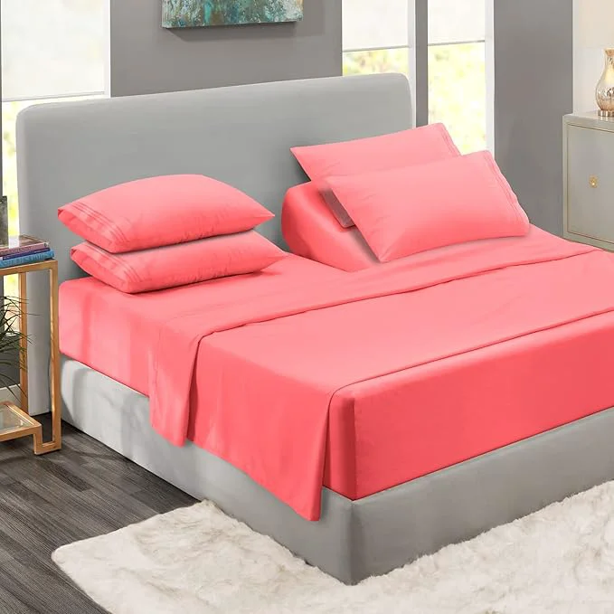 Authentic Clara Clark Flex Top King Sheets 6 Piece Set - Hotel Luxury Sheets for Top Split King Bed Super Soft Bedding Set Head Split King Coral Pink Excellent