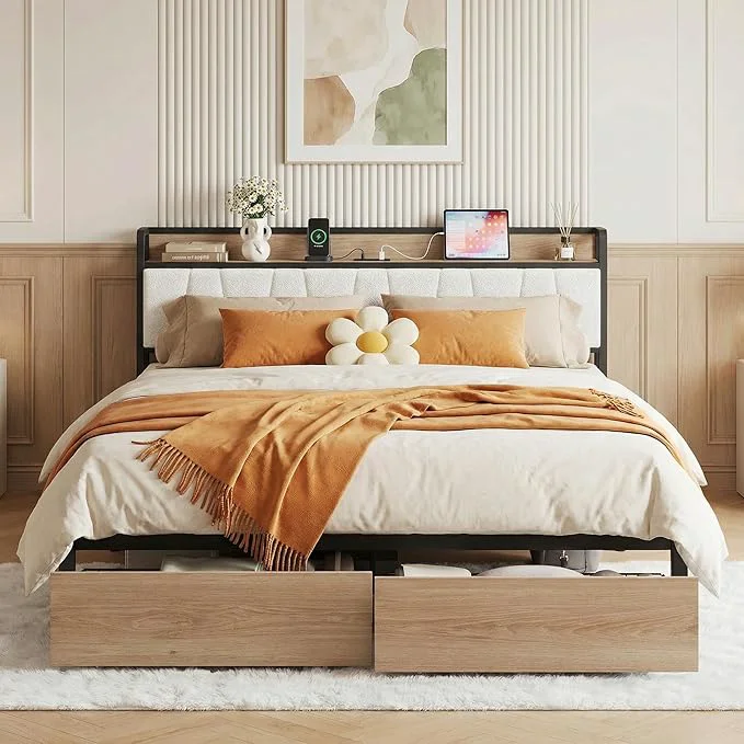 Eco-Friendly LIKIMIO California King Size Bed Frame Storage Headboard with Charging Station Platform Bed with Drawers No Box Spring Needed Easy Assembly Wood and Cream Fast