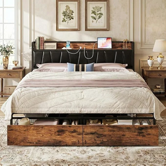 Eco-Friendly LIKIMIO King Size Bed Frame Storage Headboard with Charging Station Platform Bed with Drawers No Box Spring Needed Easy Assembly Vintage Brown and Black Casual