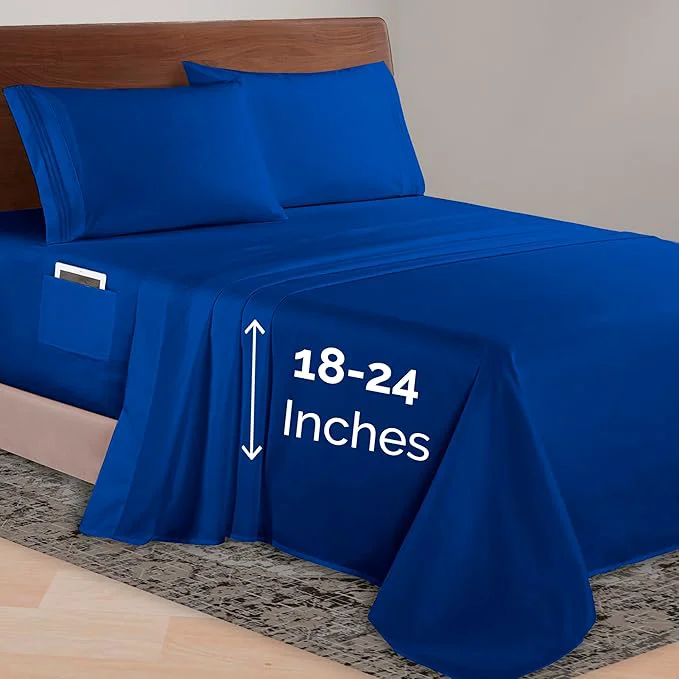 Fast Elegant Comfort Luxurious 1500 Premium Hotel Quality Microfiber 4-Piece Sheet Set 18-24 Inches Deep - Extra Deep Pocket Sheets - Ultra Soft 4PC Deep Pocket Sheets California King Royal Blue Lightweight