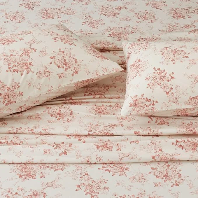 User-Friendly DAUAOTO Cotton Sheets Set Twin Size Printed Bedding Sets Up to 14 quot Deep Mattress Toile Rose Floral Pattern Bedlinen Set Pale Red Healthy