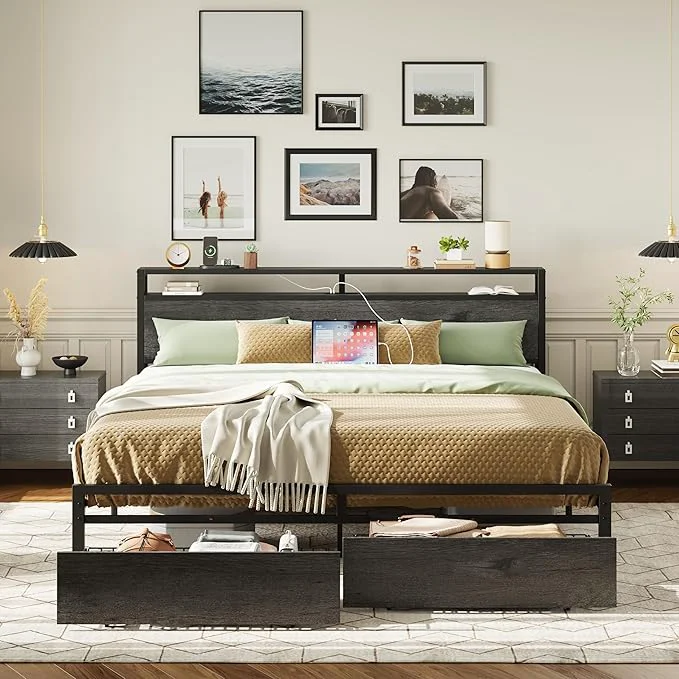 Minimalist LIKIMIO California King Bed Frame with Storage Headboard Platform Bed with Drawers and Charging Station No Box Spring Needed Easy Assembly Charcoal Grey Convenient
