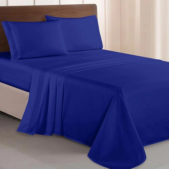 High-End Elegant Comfort Luxurious 1500 Premium Hotel Quality Microfiber Three Line Embroidered Softest 4-Piece Bed Sheet Set Wrinkle and Fade Resistant Queen Royal Blue Advanced