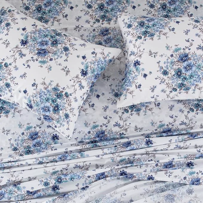 World-Class DAUAOTO King Size Printed Sheets Set Cotton Bedding Sets Up to 14 quot Deep Mattress Floral Pattern Bedlinen Set French Blue First-Class