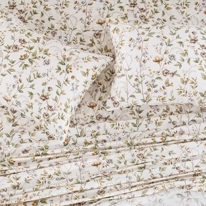 Versatile DAUAOTO Cotton Bedding Printed Sheets Set for Queen Size Bed Up to 14 quot Deep Mattress Farmhouse Pattern Bedlinen Sets Botanic Green High-Performance
