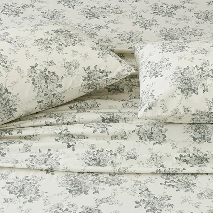 Contemporary Split King Cotton Sheets Set Printed Bedding Sets Bedlinen for Mattress Up to 14 quot Deep Toile Rose Floral Pattern Bedlinen Set Gray Classic