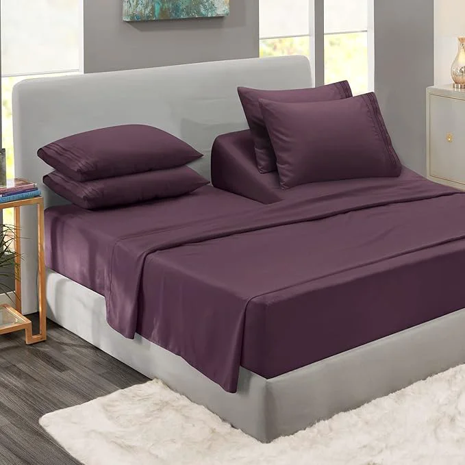 Exclusive Clara Clark Flex Top King Sheets 6 Piece Set - Hotel Luxury Sheets for Top Split King Bed Super Soft Bedding Set Head Split King Eggplant Purple Unique