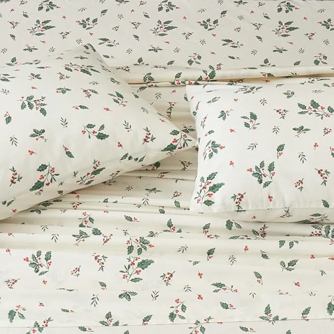 Convenient DAUAOTO Cotton Bedding Christmas Printed Sheets Set for Full Size Bed Up to 14 quot Deep Mattress Bedlinen Sets Holly Berries Pattern Durable