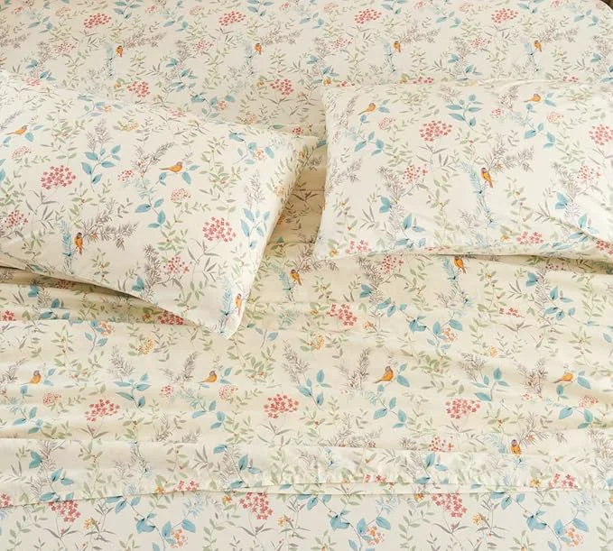 Effective DAUAOTO Cotton Sheets Set California King Printed Bedding Sets Bird Botanical Pattern Bedlinen for Cal King Bed Up to 14 quot Deep Mattress Cream Optimized