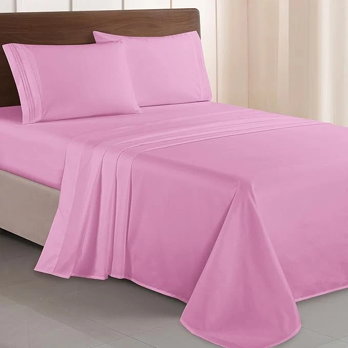 Consistent Elegant Comfort Luxurious 1500 Premium Hotel Quality Microfiber Three Line Embroidered Softest 4-Piece Bed Sheet Set Wrinkle and Fade Resistant Queen Light Pink Luxury