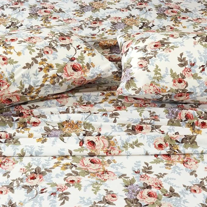 Next-Generation DAUAOTO Cotton Bedding Printed Sheets Set for Queen Size Bed Up to 14 quot Deep Mattress Classic Vintage Flower Pattern Bedlinen Sets Rose Floral Verified