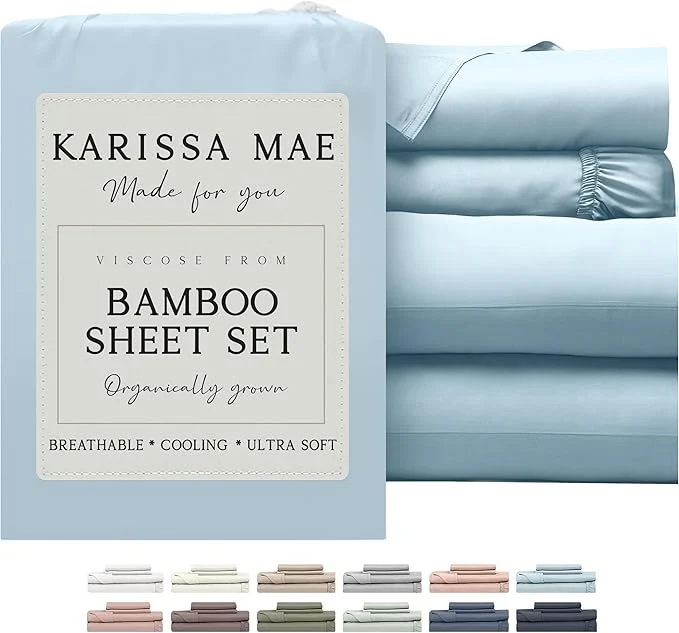 Genuine KARISSA MAE Cooling Bamboo Viscose Queen Sheet Set FSC 18 Deep Pocket Silky Soft amp Hypoallergenic with Organizer Band amp Elastic Corner Straps Coastal Blue Exceptional