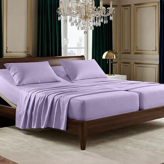 Luxury Elegant Comfort Luxurious 1500 Premium Hotel Quality Microfiber Three Line Embroidered Softest 5-Piece Bed Sheet Set Wrinkle and Fade Resistant Split King Lavender