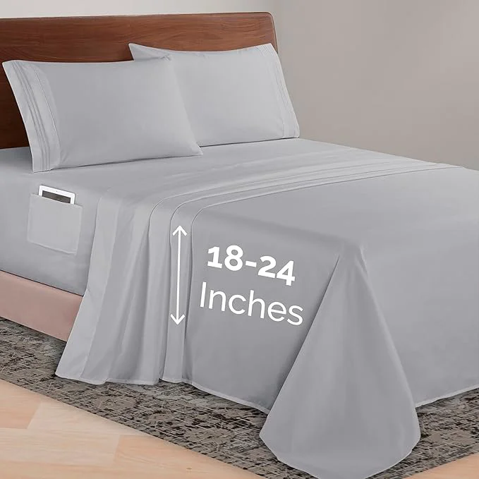 Premium Material Elegant Comfort Luxurious 1500 Premium Hotel Quality Microfiber 4-Piece Sheet Set 18-24 Inches Deep - Extra Deep Pocket Sheets - Ultra Soft 4PC Deep Pocket Sheets Twin Twin XL Silver Gray Easy-to-Use