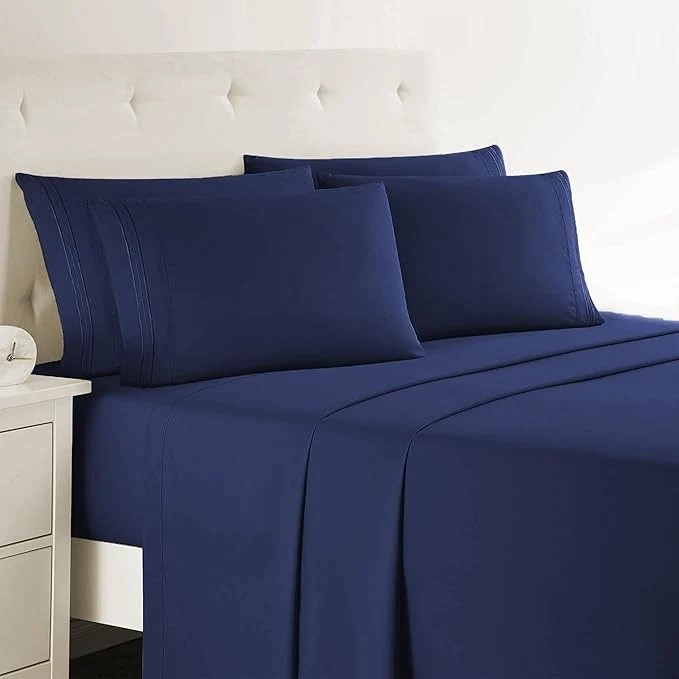 Secure Clara Clark Queen Sheets 6 Piece Set - Hotel Luxury Sheets for Queen Size Bed Super Soft Bedding Set Navy Blue Powerful