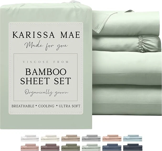 Professional KARISSA MAE Cooling Bamboo Viscose King Size Sheet Set FSC 18 Deep Pocket Silky Soft amp Hypoallergenic with Organizer Band amp Elastic Corner Straps Sea Glass Proven