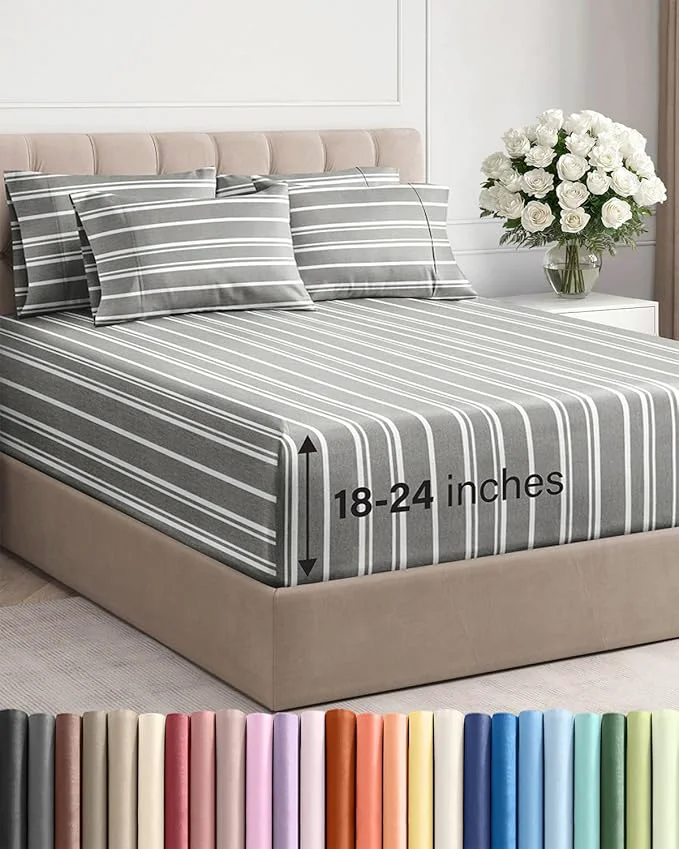 Superior Extra Deep Cal King Sheet Set - 6 Piece Breathable and Cooling Sheets - Hotel Luxury Bedding for Women Men Kids amp Teens - Easy Secure Fit - Soft amp Wrinkle - Extra Deep Pockets - Grey Stripes Traditional
