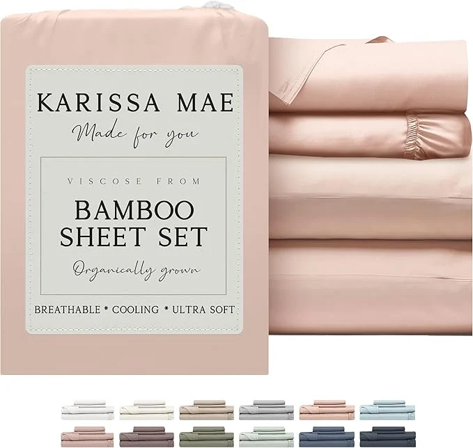 Enhanced KARISSA MAE Cooling Bamboo Viscose 34 quot Split Top King Sheet Set FSC 18 Deep Pocket Silky Soft amp Hypoallergenic with Organizer Band amp Elastic Corner Straps Pink Peony Luxury