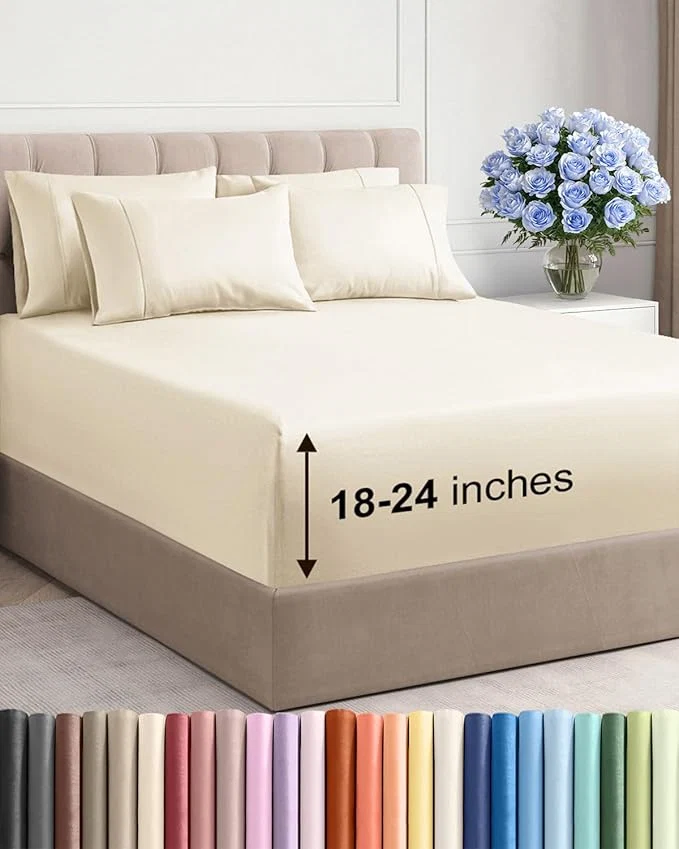 Safe Extra Deep Cal King Sheet Set - 6 Piece Breathable and Cooling Sheets - Hotel Luxury Bedding for Women Men Kids amp Teens - Easy amp Secure Fit - Soft and Wrinkle - Extra Deep Pockets - Off White Refined